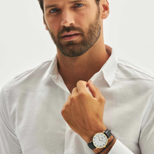 Orologio da Uomo Murray Romain con Cinturino in Pelle Nera, Cassa Dorata e Quadrante Bianco