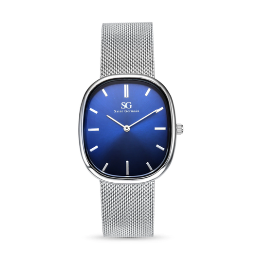 Orologio Minimalista Ovale Moncler con Quadrante Blu e Cinturino Argento